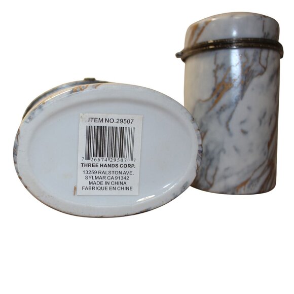 2 Three Hands Marble-Look Ceramic Jars w/Metal Trim Decorative Storage Container - Picture 6 of 7